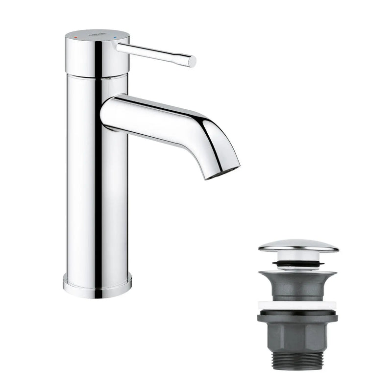 Grohe Essence Basin Mixer Tap S-Size with push-open waste in StarLight Chrome front view