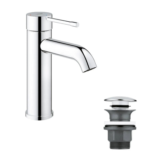 Grohe Essence Basin Mixer Tap S-Size with push-open waste in StarLight Chrome front view