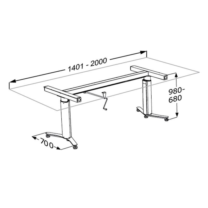 Pressalit INDIVO freestanding manual worktop lift, dimensioned drawing