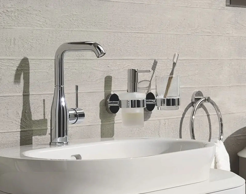 Grohe Essence L-Size basin mixer tap in chrome fitted with a freestanding basin