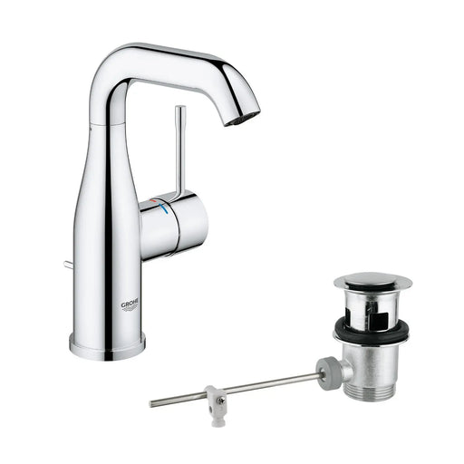 Grohe Essence basin mixer tap M-Size with swivel spout and pop-up waste in StarLight Chrome, code 23462001