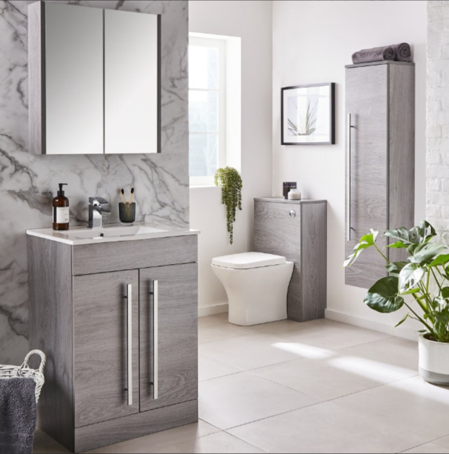 Kartell K-VIT Purity 600mm Floor Standing 2 Door Unit & Mid Depth Ceramic Basin- Silver Oak (PSO600DO-FUR061PU)