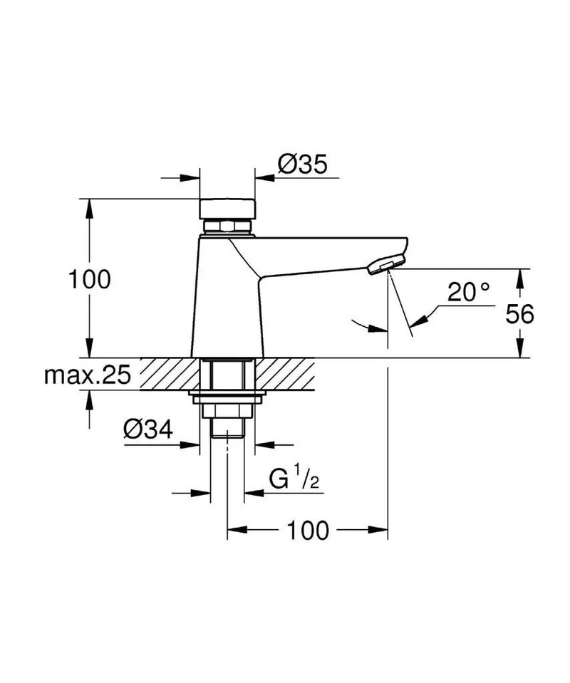 Grohe Euroeco Cosmopolitan T self-closing pillar basin tap 36265000 side profile