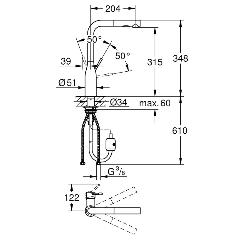 Grohe Essence 30270 chrome kitchen tap pull-out dual spray detail