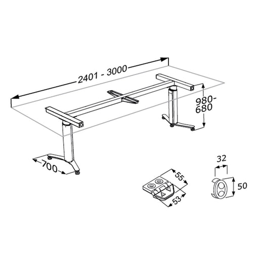Pressalit INDIVO freestanding electric worktop lift, dimensioned drawing
