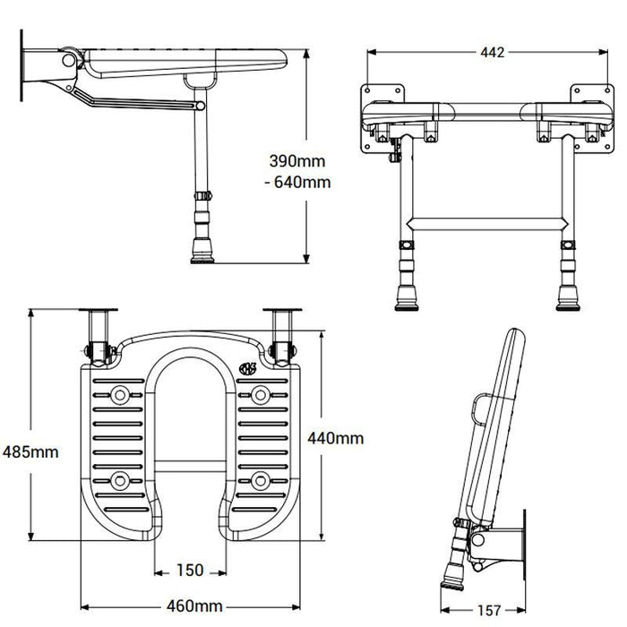 AKW 04200P Standard Fold Up Horseshoe Wall Mounted Grey Padded Shower Seat With Support Legs