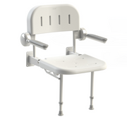 White shower chair with adjustable legs on a white background