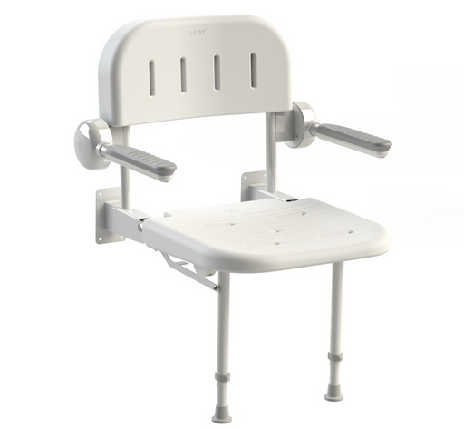 White shower chair with adjustable legs on a white background
