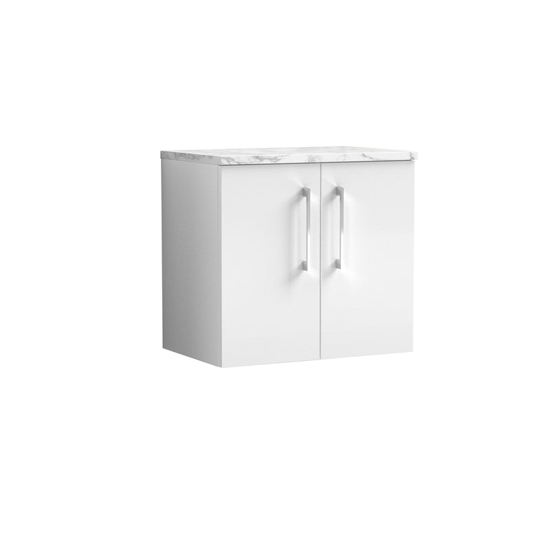 Nuie Arno 600mm Gloss White 2 Door worktop vanity unit with Carrara Laminate Worktop