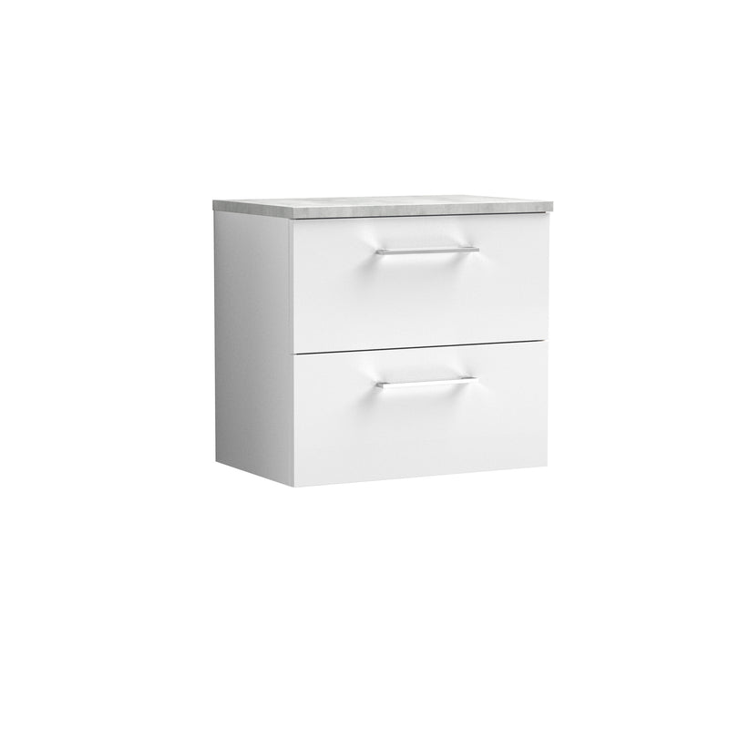 Nuie Arno 600mm Gloss White 2 Drawer worktop vanity unit with Bellato Grey Worktop