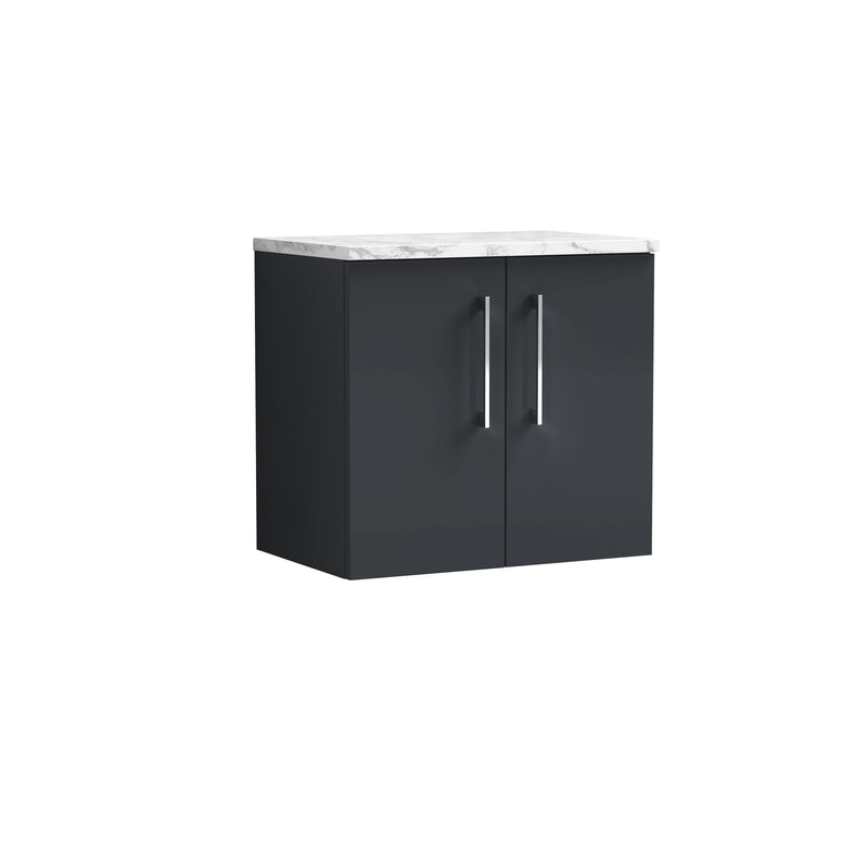 Nuie Arno 600mm Soft Black 2 Door worktop vanity unit with Carrara Laminate Worktop