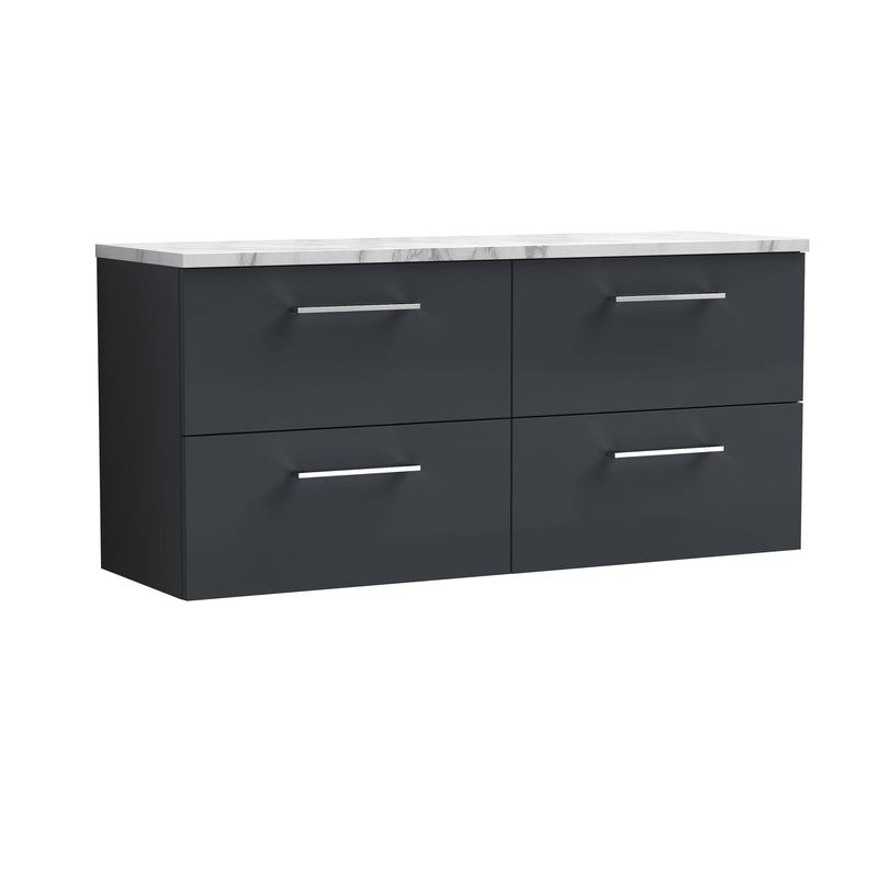 Nuie Arno 1200mm Soft Black 4 Drawer worktop vanity unit with Carrara Laminate Worktop
