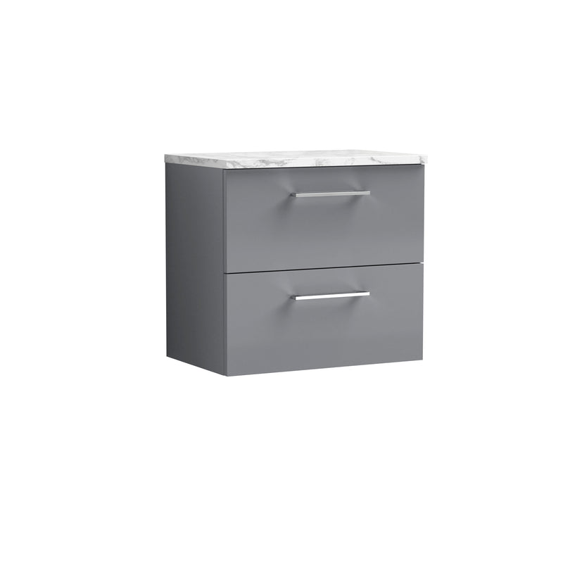 Nuie Arno 600mm Satin Grey 2 Drawer worktop vanity unit with Carrara Laminate Worktop