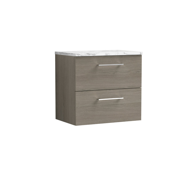 Nuie Arno 600mm Solace Oak 2 Drawer worktop vanity unit with Carrara Laminate Worktop
