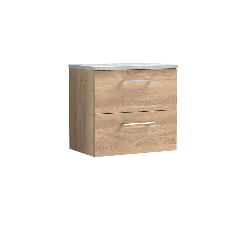 Nuie Arno 600mm Bleached Oak 2 Drawer worktop vanity unit with Bellato Grey Worktop