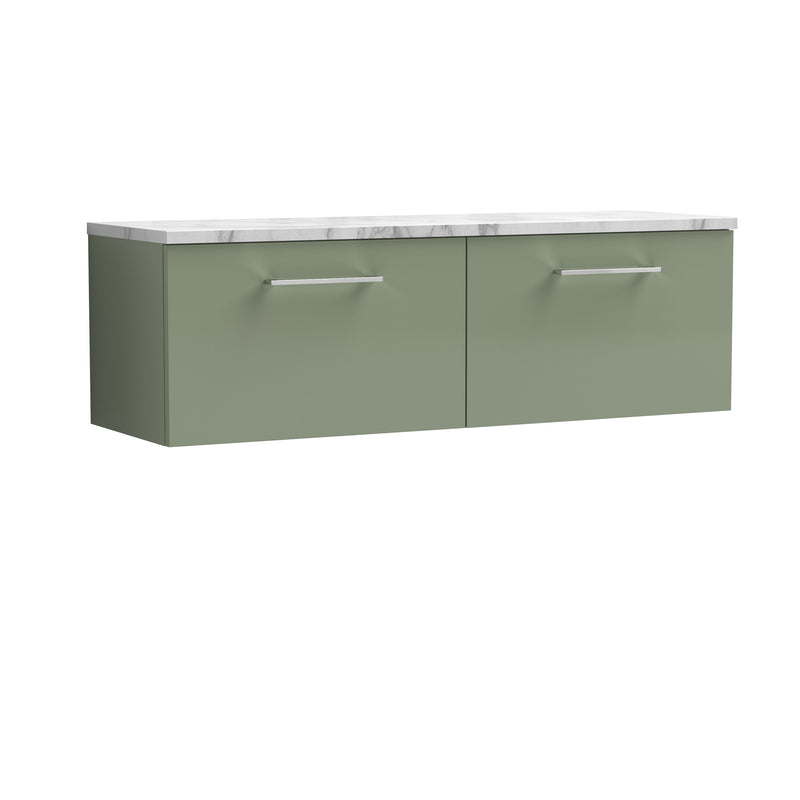 Nuie Arno 1200mm Satin Green 2 Drawer worktop vanity unit with Carrara Laminate Worktop