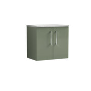 Nuie Arno 600mm Satin Green 2 Door worktop vanity unit with Bellato Grey Worktop
