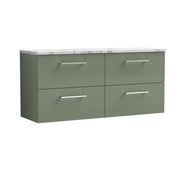 Nuie Arno 1200mm Satin Green 4 Drawer worktop vanity unit with Carrara Laminate Worktop