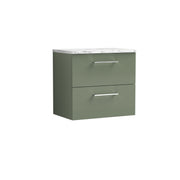 Nuie Arno 600mm Satin Green 2 Drawer worktop vanity unit with Carrara Laminate Worktop
