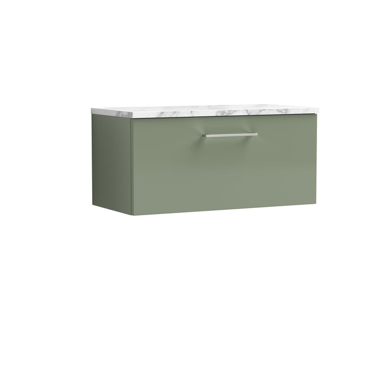 Nuie Arno 800mm Satin Green 1 Drawer worktop vanity unit with Carrara Laminate Worktop