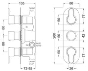 Nuie Arvan Triple Concealed Thermostatic Shower Valve 2 Outlet Brushed Bronze dimensions line drawing