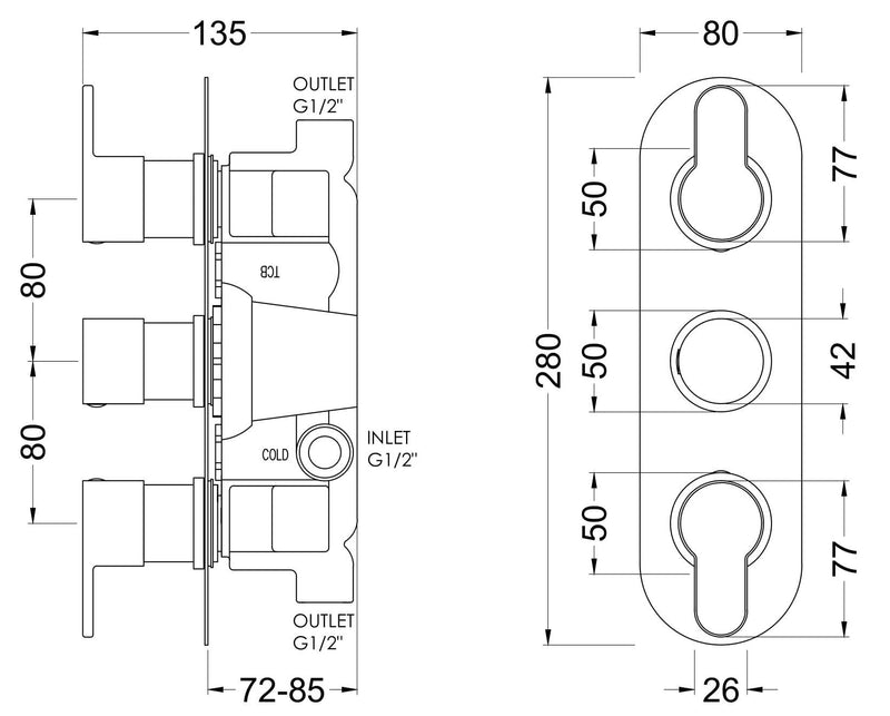 Nuie Arvan Triple Concealed Thermostatic Shower Valve 2 Outlet Brushed Bronze dimensions line drawing