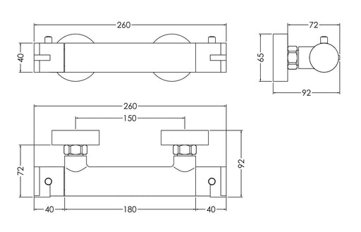 Nuie Arvan Thermostatic Bar Shower Valve Chrome dimensions line drawing
