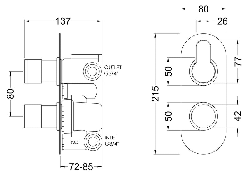 Nuie Arvan Twin Concealed Thermostatic Shower Valve with Diverter 2 Outlet Brushed Pewter dimensions line drawing