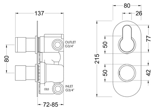 Nuie Arvan Twin Concealed Thermostatic Shower Valve with Diverter 2 Outlet Brushed Pewter dimensions line drawing