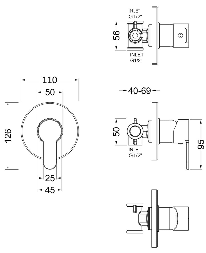 Nuie Arvan Manual Concealed Shower Valve 1 Outlet Chrome dimensions line drawing