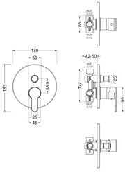 Nuie Arvan Manual Concealed Shower Valve with Diverter 2 Outlet Chrome dimensions line drawing