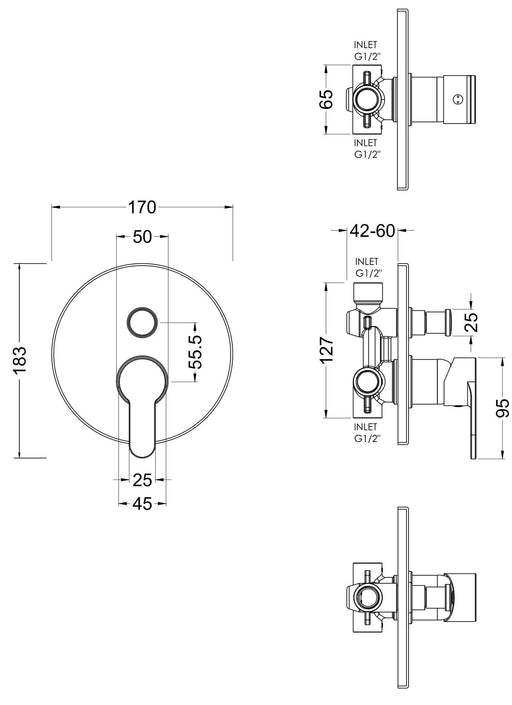Nuie Arvan Manual Concealed Shower Valve with Diverter 2 Outlet Chrome dimensions line drawing
