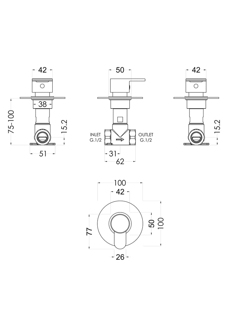 Nuie Arvan Concealed Stop Tap Chrome dimensions line drawing