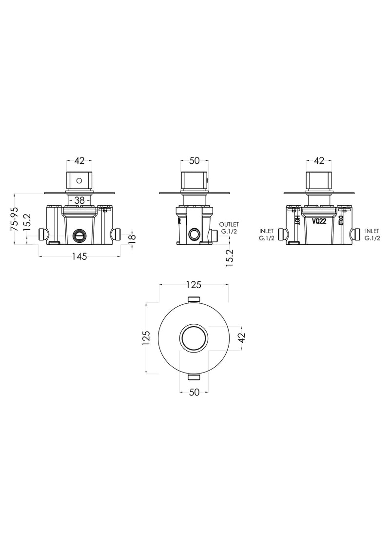 Nuie Arvan Thermostatic Temperature Control Shower Valve Chrome dimensions line drawing