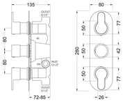 Nuie Arvan Triple Concealed Thermostatic Shower Valve 2 Outlet Chrome dimensions line drawing