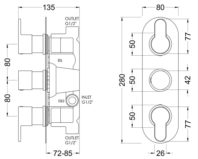 Nuie Arvan Triple Concealed Thermostatic Shower Valve 2 Outlet Chrome dimensions line drawing
