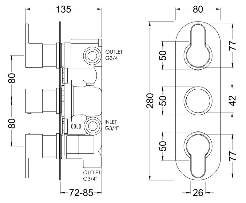 Nuie Arvan Triple Concealed Thermostatic Shower Valve with Diverter 3 Outlet Chrome dimensions line drawing