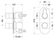 Nuie Arvan Twin Concealed Thermostatic Shower Valve with Diverter 2 Outlet Chrome dimensions line drawing