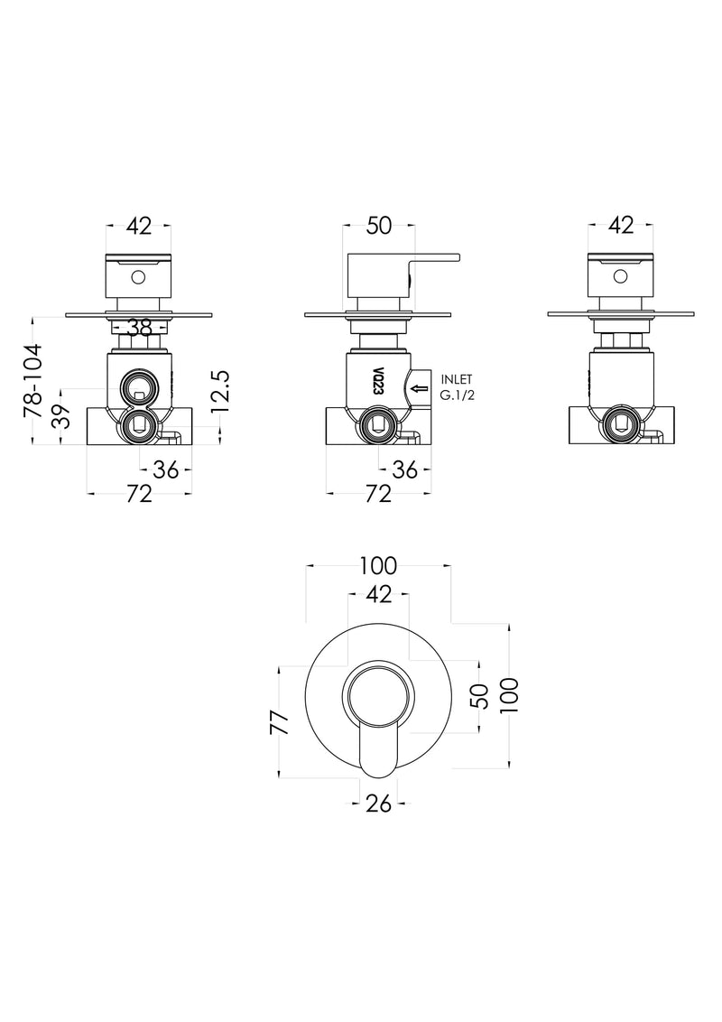 Nuie Arvan Concealed Diverter 2/3/4 Way Chrome dimensions line drawing