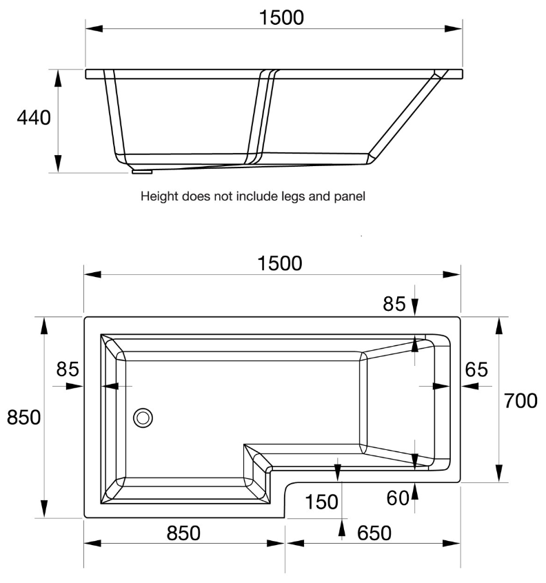 Kartell K-VIT Elite L-Shaped Shower Bath 1500 x 850mm Left Hand (BAT140ELB)