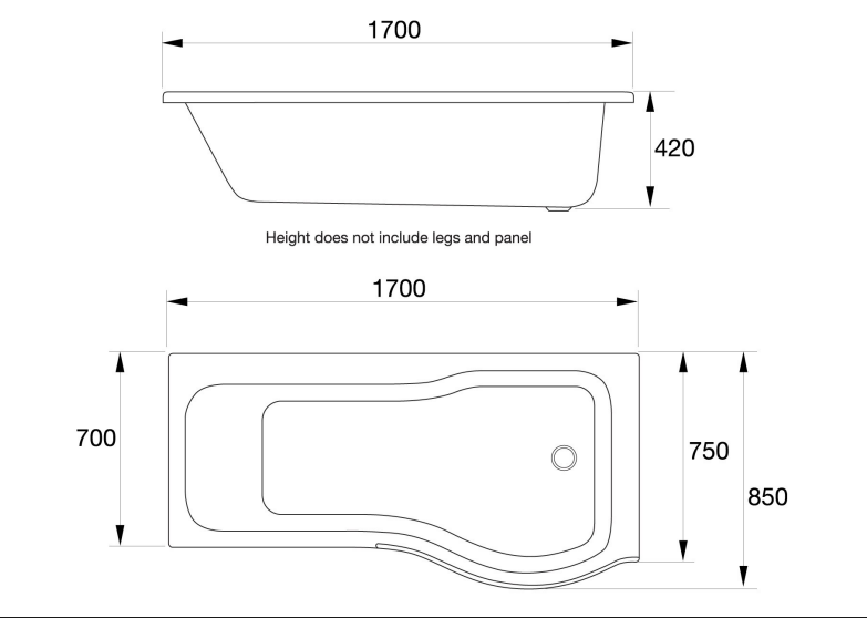Kartell K-VIT Oblique P-Shaped Shower Bath 1700 x 850mm Left Hand (BAT160OBB)