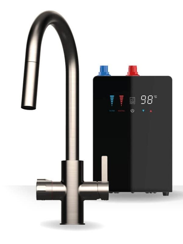 Brewmaster 4-in-1 swan pull-down instant boiling water kitchen tap in Brushed Nickel with digital under-sink tank