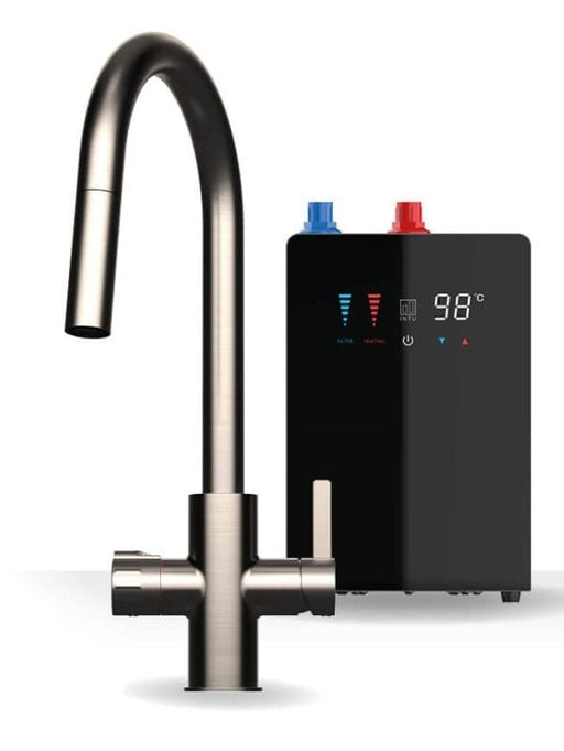 Brewmaster 4-in-1 swan pull-down instant boiling water kitchen tap in Brushed Nickel with digital under-sink tank