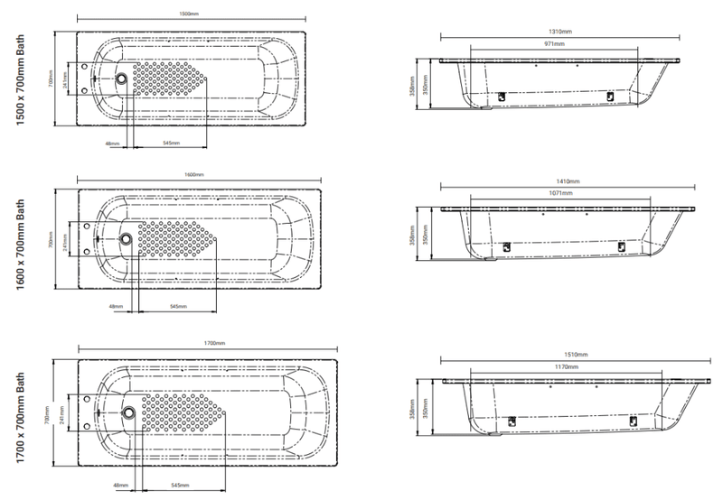 AKW single ended steel bath dimensions drawing 1500 1600 1700mm