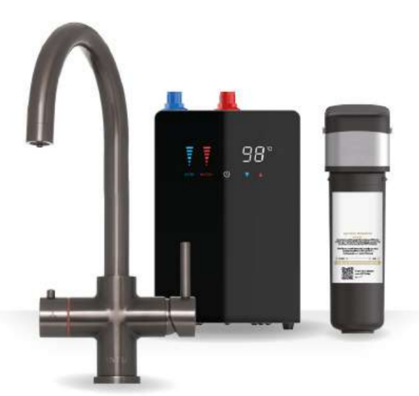 Brewmaster 4-in-1 square instant boiling water kitchen tap in Gunmetal with digital under-sink tank