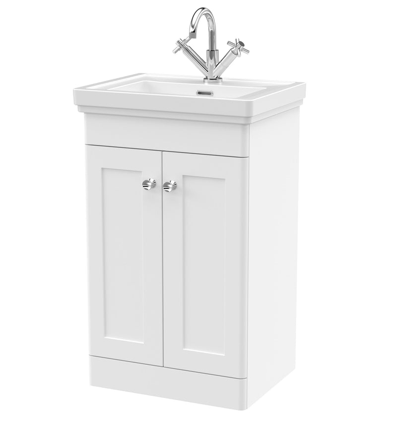 Nuie Classique Floor Standing Vanity Unit with 1 Tap Hole Ceramic Basin - White cabinet