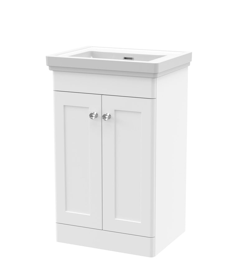 Nuie Classique Floor Standing Vanity Unit with No Tap Hole Ceramic Basin - White cabinet