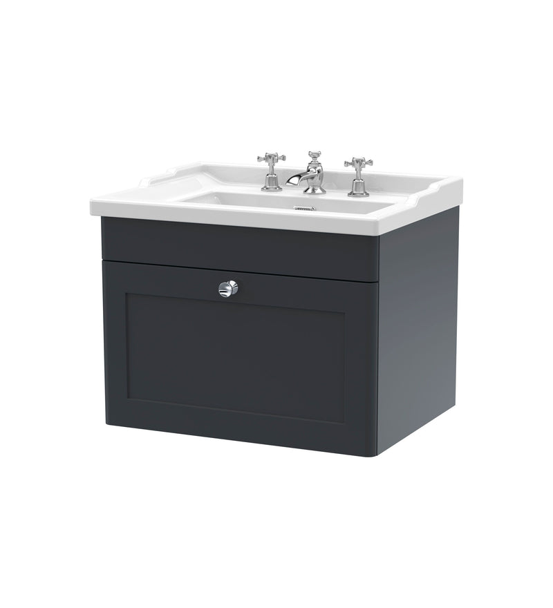 Nuie Classique Wall Hung Vanity Unit with 3 Tap Hole Traditional Basin - Soft Black