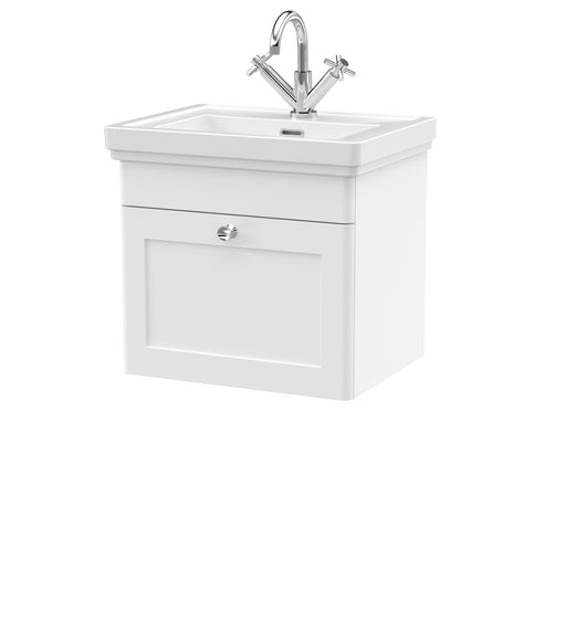 Nuie Classique Wall Hung Vanity Unit with 1 Tap Hole Ceramic Basin - White cabinet
