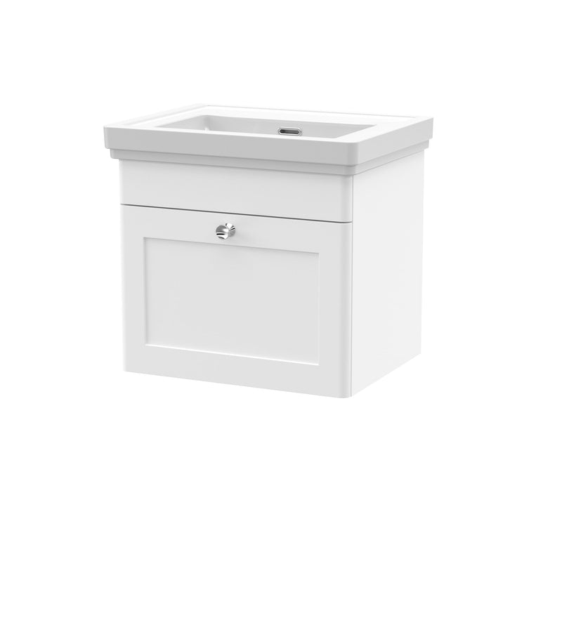 Nuie Classique Wall Hung Vanity Unit with No Tap Hole Ceramic Basin - White cabinet
